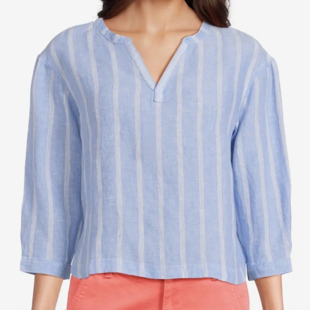 L.L. Bean Premium Washable Linen Split-Neck Stripe Shirt in Arctic Blue Size XL